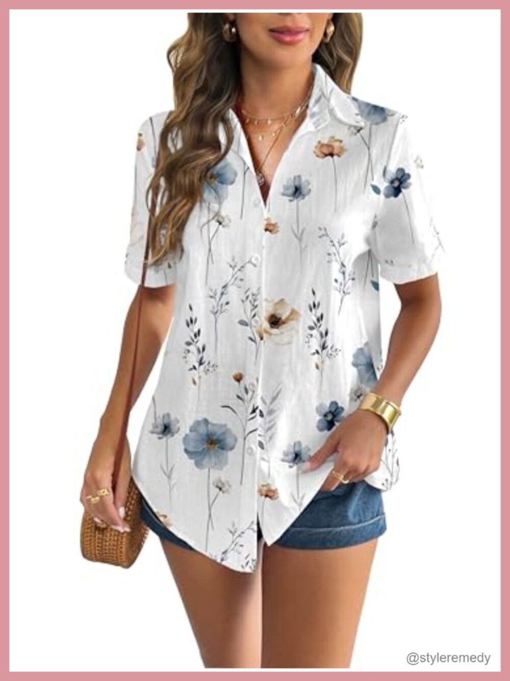 Zeagoo Linen Button Down Cuffed Short Sleeve V Neck Blouse